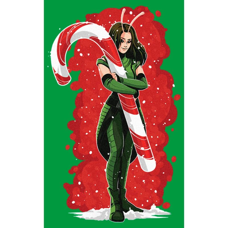 Juniors Womens Guardians of the Galaxy Holiday Special Mantis Candy Cane Hug T-Shirt, 2 of 5