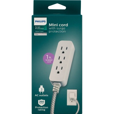 Philips 3-Outlet White and Gray Surge Protector with 1 Ft. Braided Cord