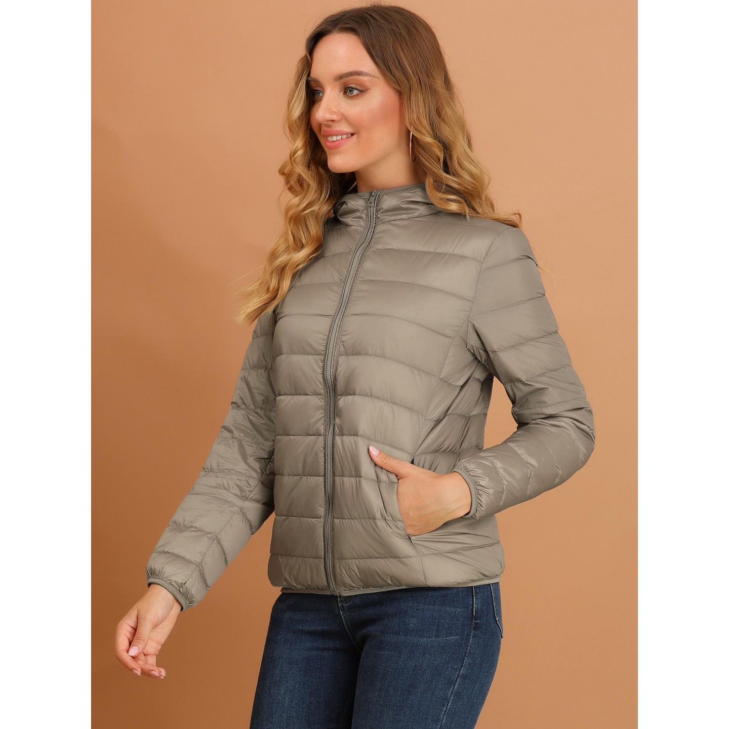 Женская куртка Allegra K Hooded Packable Thickened Short Down Puffer Jacket Khaki, цвет: Хаки — фото 4