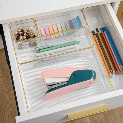 Clear Plastic Stackable Office Desk Drawer Organizers with Gold Trim, Set of 6