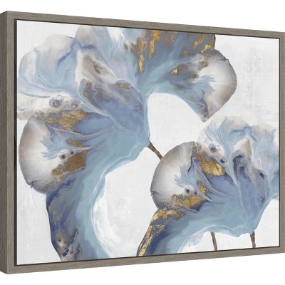 Eva Watts Blue and Gold Floral Canvas Print with Gray Frame