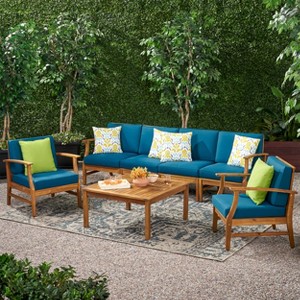 GDFStudio Abena Outdoor Acacia Wood 6 Seater Sofa and Club Chair Set with Cushions - 1 of 4