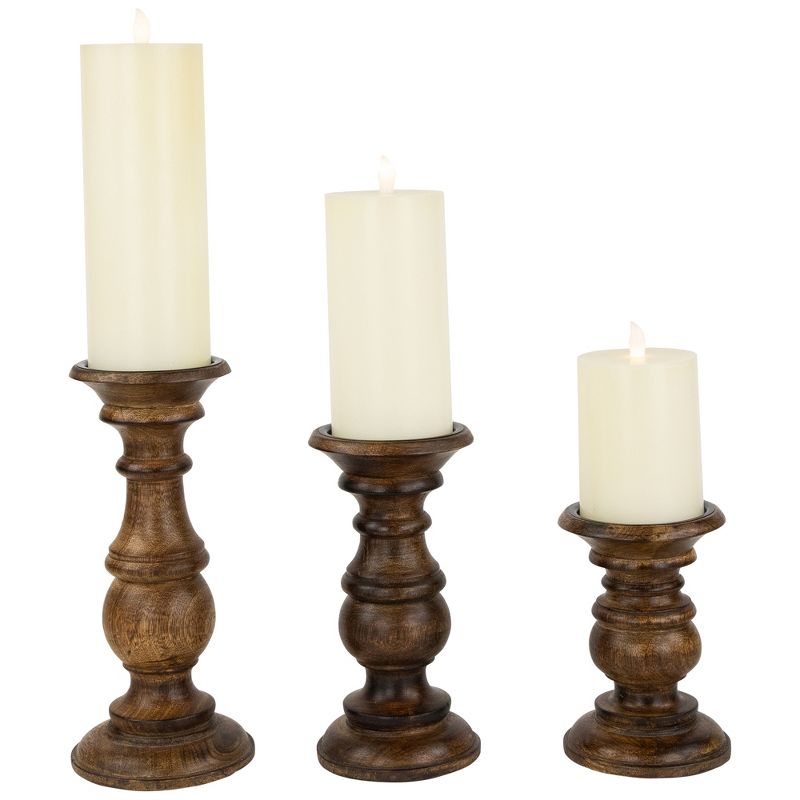 Northlight Set of 3 Walnut Brown Natural Wooden Pillar Candle Holders 10", 3 of 6