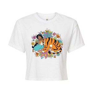 Women's - Disney Princess - Jasmine And Rajah Flowers Cropped Graphic T-Shirt - 1 of 4