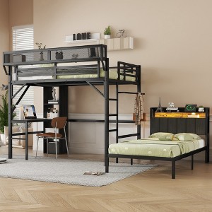 KWPZQEB Full Size Loft Bed with Stairs, Heavy Duty Metal Loft Bed Frame with Desk & Bookshelves, LED & Charge Station, No Box Spring Needed - 1 of 4