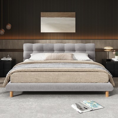 Platform Bed with Cookie-Shaped Headboard, Wood Frame Bed with Soft Chenille Fabric and Rubberwood Legs, Bed with Sponge Filling-Baofuwish