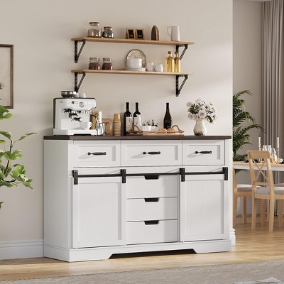 Farmhouse Buffet Cabinet, 47.2” Sideboard Cabinet w/6 Drawer, Rustic Storage Cabinets w/Sliding Barn Door, Coffee Bar