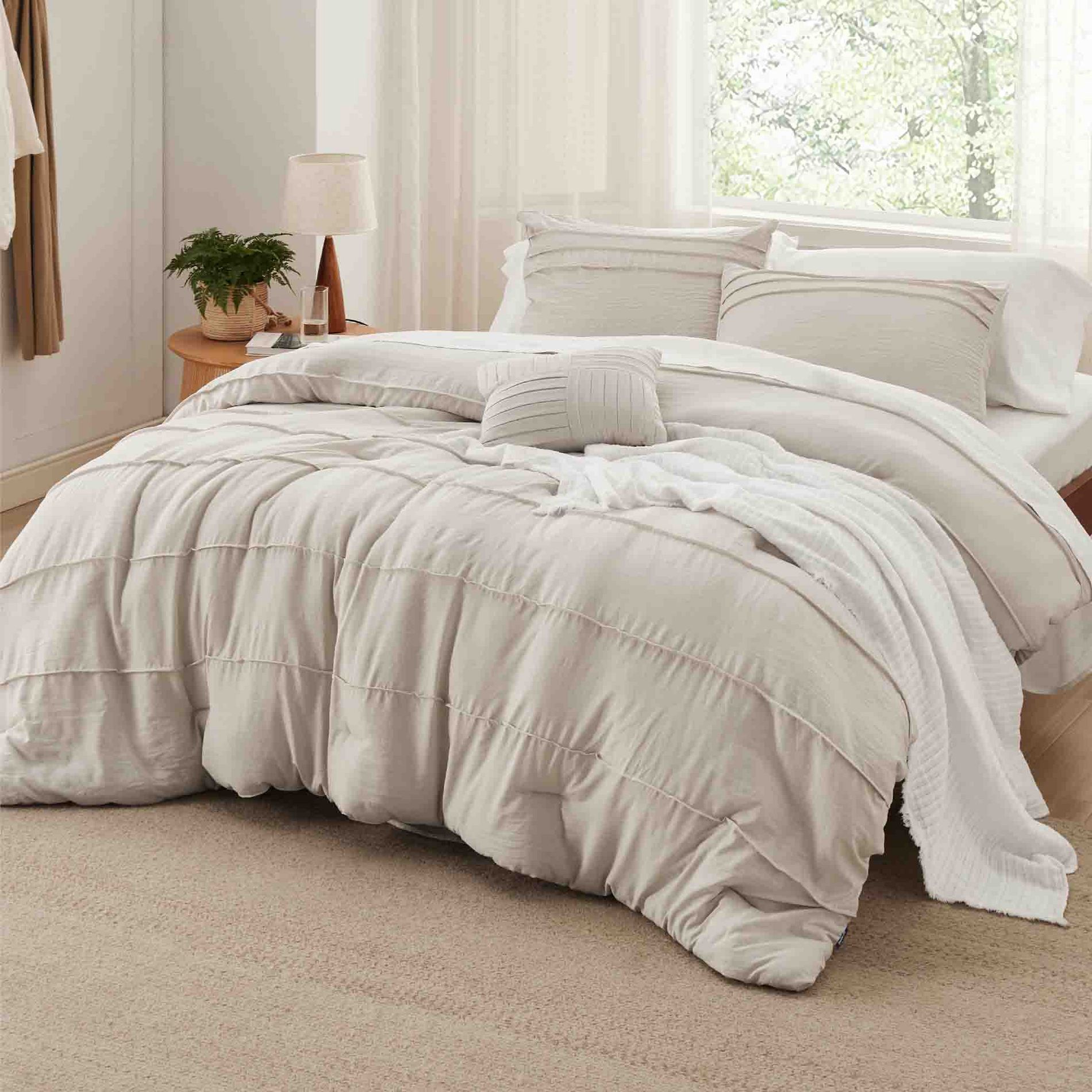BAGOKIE 4-Piece Pinch Pleat Striped Bed in a Bag Comforter Set for All Season
