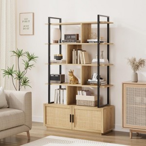 Acekool 71" 5-Tier Rattan Bookshelf with Cabinet & Door, Metal Frame Industrial Bookcase for Living Room & Bedroom - 1 of 4