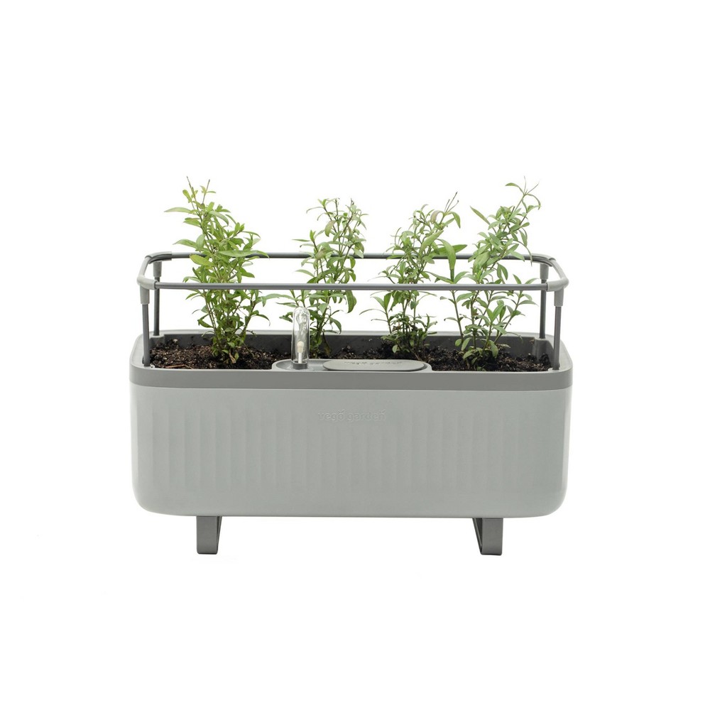 Vego Garde Self-Watering Herb Planter Box with Trellis Rectangular Indoor Outdoor Planter Pot Fog Gray 7.3"x17.5"x10.5"