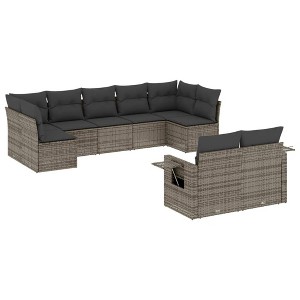 vidaXL 9 Piece Patio Sofa Set with Cushions Gray Poly Rattan - With Table - 1 of 4