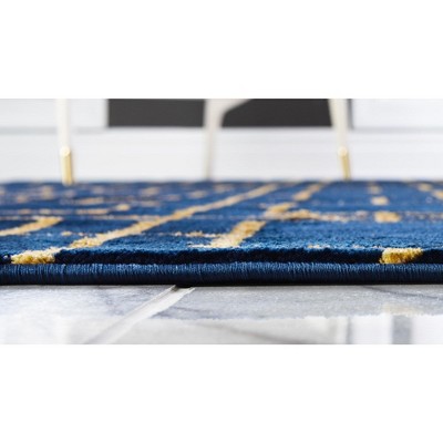 Navy Blue & Gold Trellis Rectangular Synthetic Area Rug
