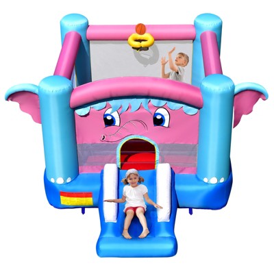 Tangkula Inflatable Bounce House 3-in-1 Elephant Theme Inflatable Castle w/ Jumping Area Slide & Basketball Rim Indoor Outdoor Kids Bouncer (without