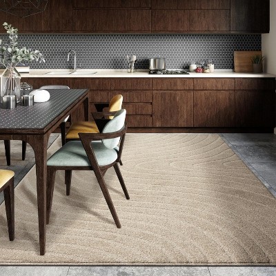 Beige Geometric Wave 5' x 7' Stain-Resistant Area Rug