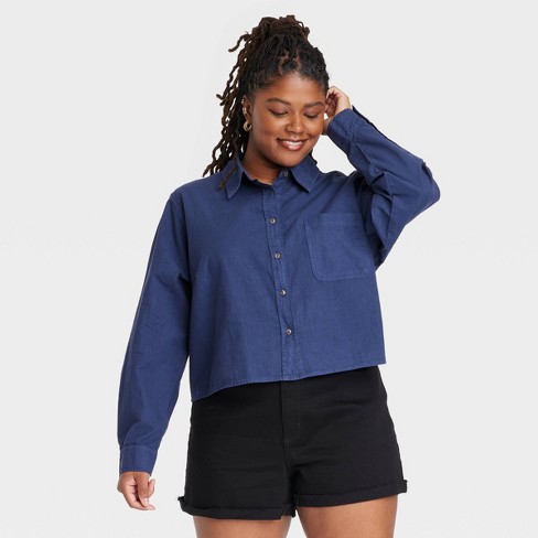 Women's Long Sleeve Button-down Cropped Shirt - Universal Thread™ Navy Blue  4x : Target