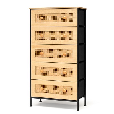 Pellebant 5 Drawers Rattan dressers for bedroom Storage Tower Tall Fabric Dresser Wood Top Wood Handles