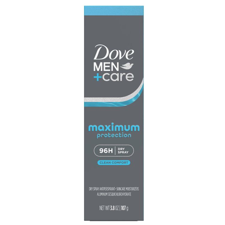 Gray colored Dove Men+Care Maximum Protection 96H Dry Spray packaging with "Clean Comfort" label and net weight of 3.8 oz (107 g).