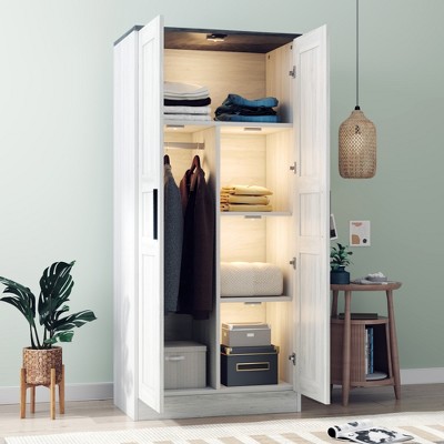 JUJABU 2-Door Wooden Wardrobe Armoire with LED, Hanging Rod and 4 Storage Shelves,