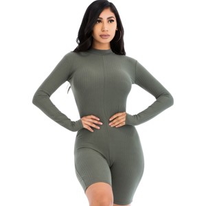 Slickblue Fitted Ribbed Knit Long Sleeve Romper with Mock Neck and Zipper Back - Mocha/Olive/Blue Haze, Size S-L - 1 of 4