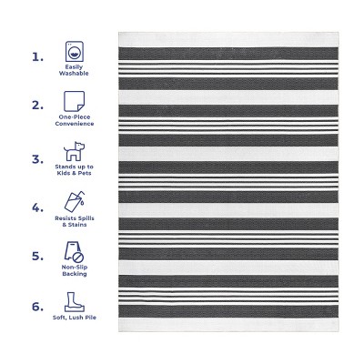 Gray and White Striped Washable Synthetic Area Rug