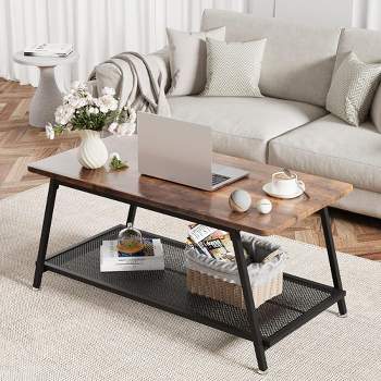 Whizmax Coffee Table Industrial Center Table 2-Tier Living Room with Mesh Shelf Rectangle Wood Cocktail Table Metal Frame, Easy to Assemble, Brown