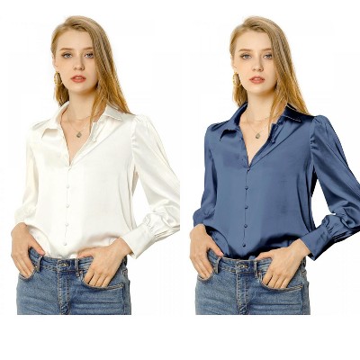 Allegra K Women's Satin Puff Sleeve Point Collar Vintage Button Up Shirt 2 Pcs
