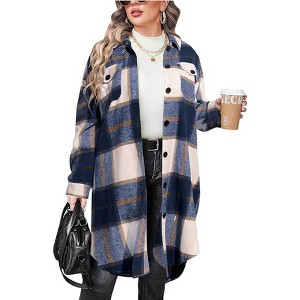 Zeagoo Womens Plus Size Flannel Plaid Shirts Long Sleeve Lounge Lapel Boyfriend Button Down Tartan Long Jacket Coats - 1 of 4