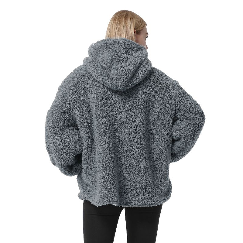 Tirrinia Fleece Jacket Hooded Pullover for Women, Super Soft Comfy Plush Reversible Casual Teddy Bear Blanket Jackets Hoodie Grey, 2 of 7