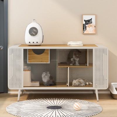 55.12" White Spacious Cat House with Tempered Glass ¨C Modern Pet Furniture for Living Room, Hallway, or Study - Nertpow