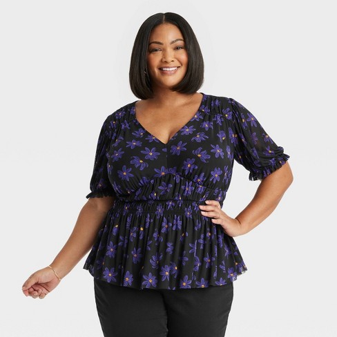 Women's Slim Fit Puff Elbow Sleeve V-neck Mesh Top - Ava u0026 Viv™ Blue Floral  1x : Target
