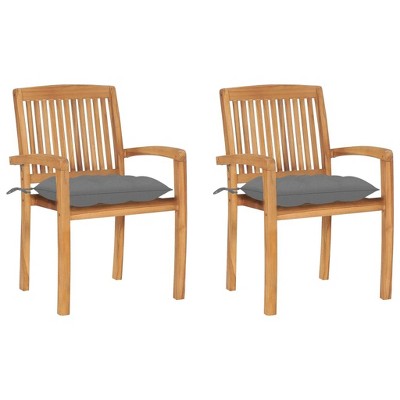 vidaXL 2X Solid Teak Wood Patio Chairs with Gray Cushions Garden Outdoor Balcony Backyard Terrace Lounge