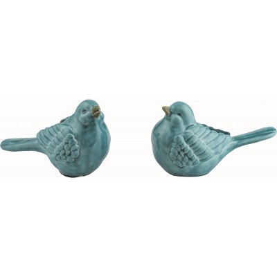 Transpac Ceramic Blue Green Song Bird Figurine Set of 2 Home Decorations Large Size 3.5 inch H.
