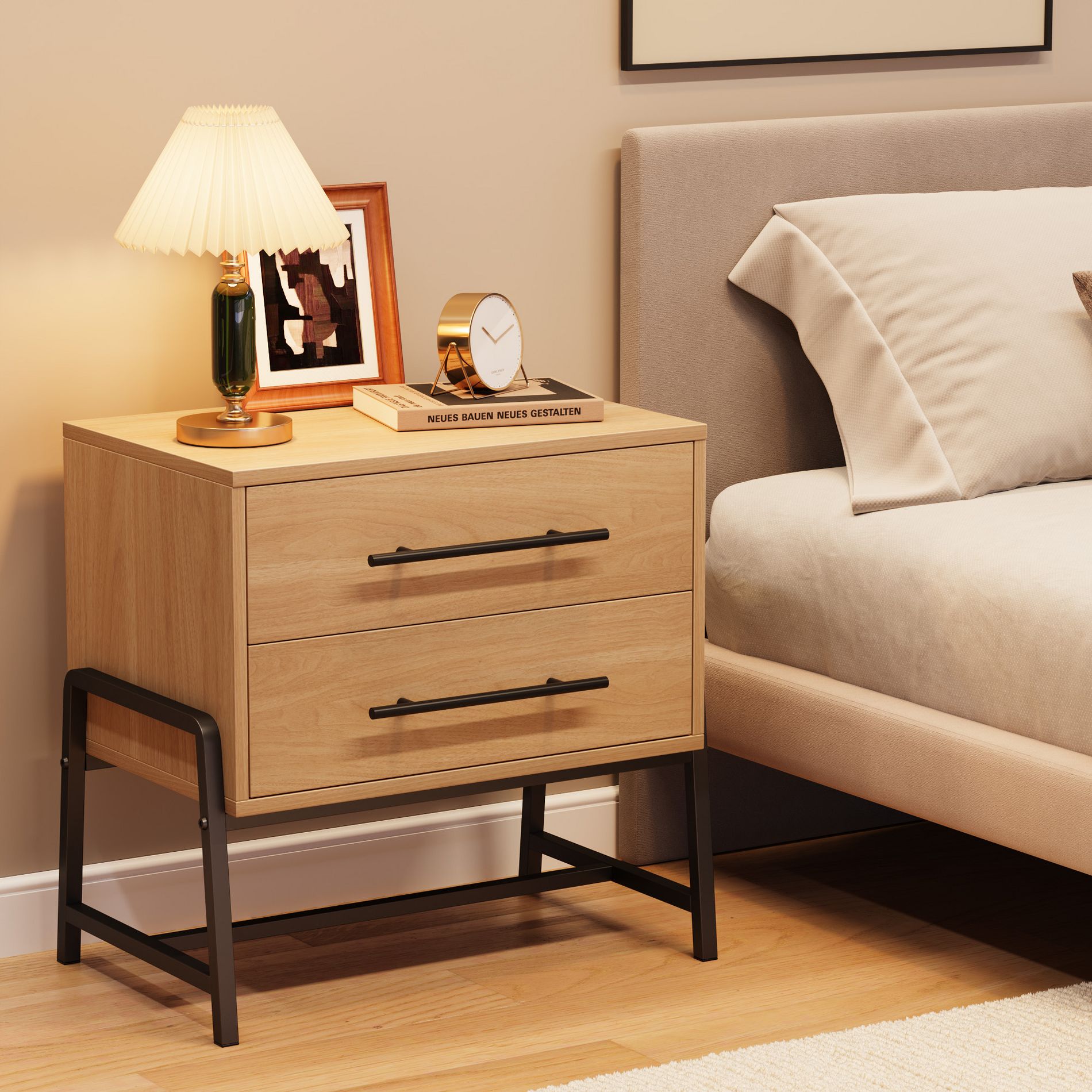 Nightstand with 2 Drawers Bedside Table with Metal Frame Light Wood