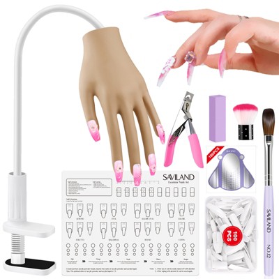 SAVILAND Unbreakable Silicone Nail Training Kit - Flex & Hold Mannequin Hand with 100+ Practice Tips for Home Salon.