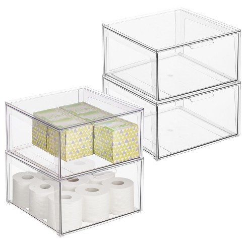 mDesign Clarity Plastic Stacking Closet Storage Organizer Bin with Drawer,  Clear - 8 x 12 x 4, 4 Pack
