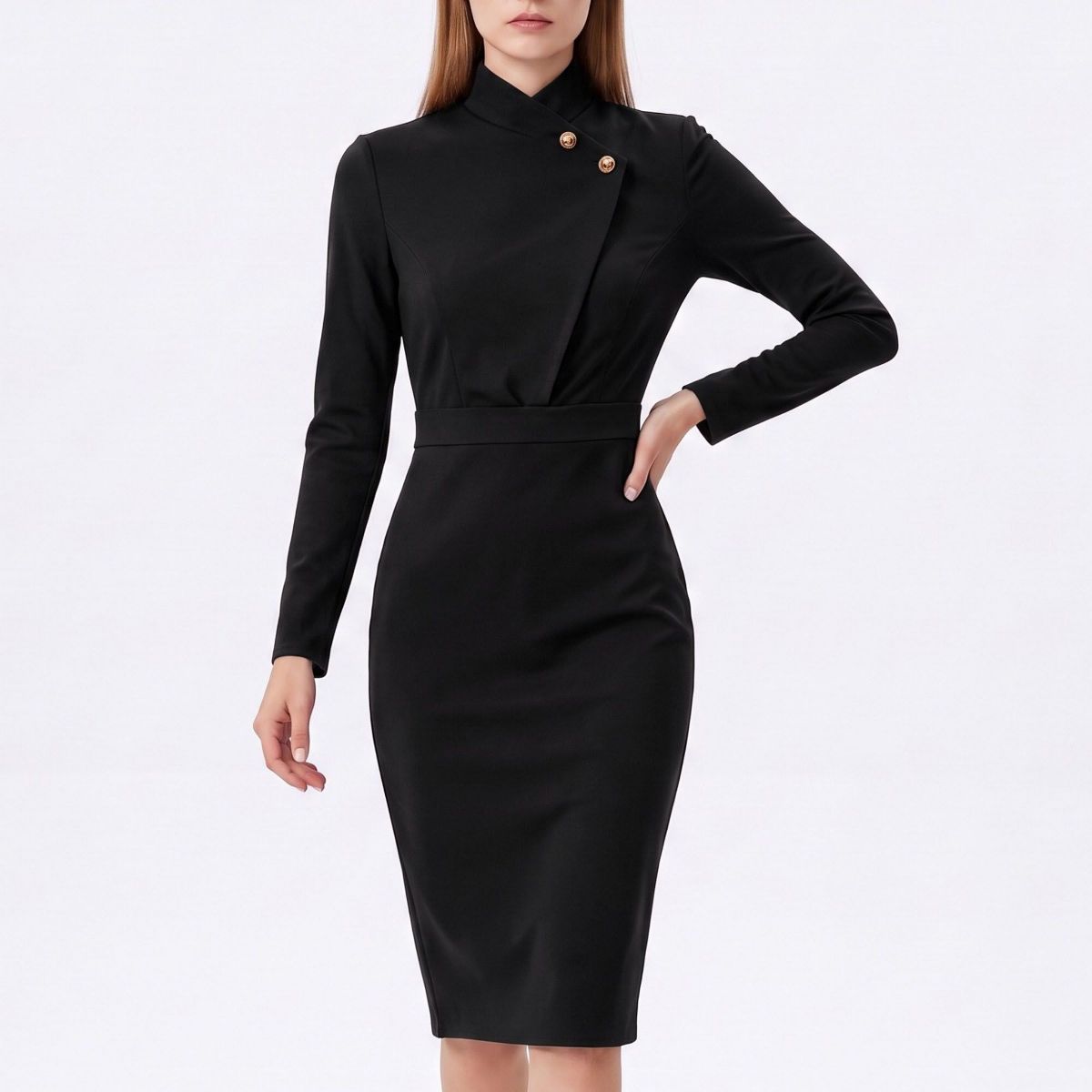 Anna-Kaci Womens Long Sleeve Stand Collar Sheath Dress with Asymmetric Button Detail