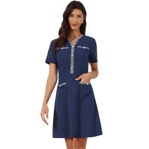 INSPIRE CHIC Women's V Neck Short Sleeves Tweed Trim Dressy Office A-Line Work Dresses - 1 of 4