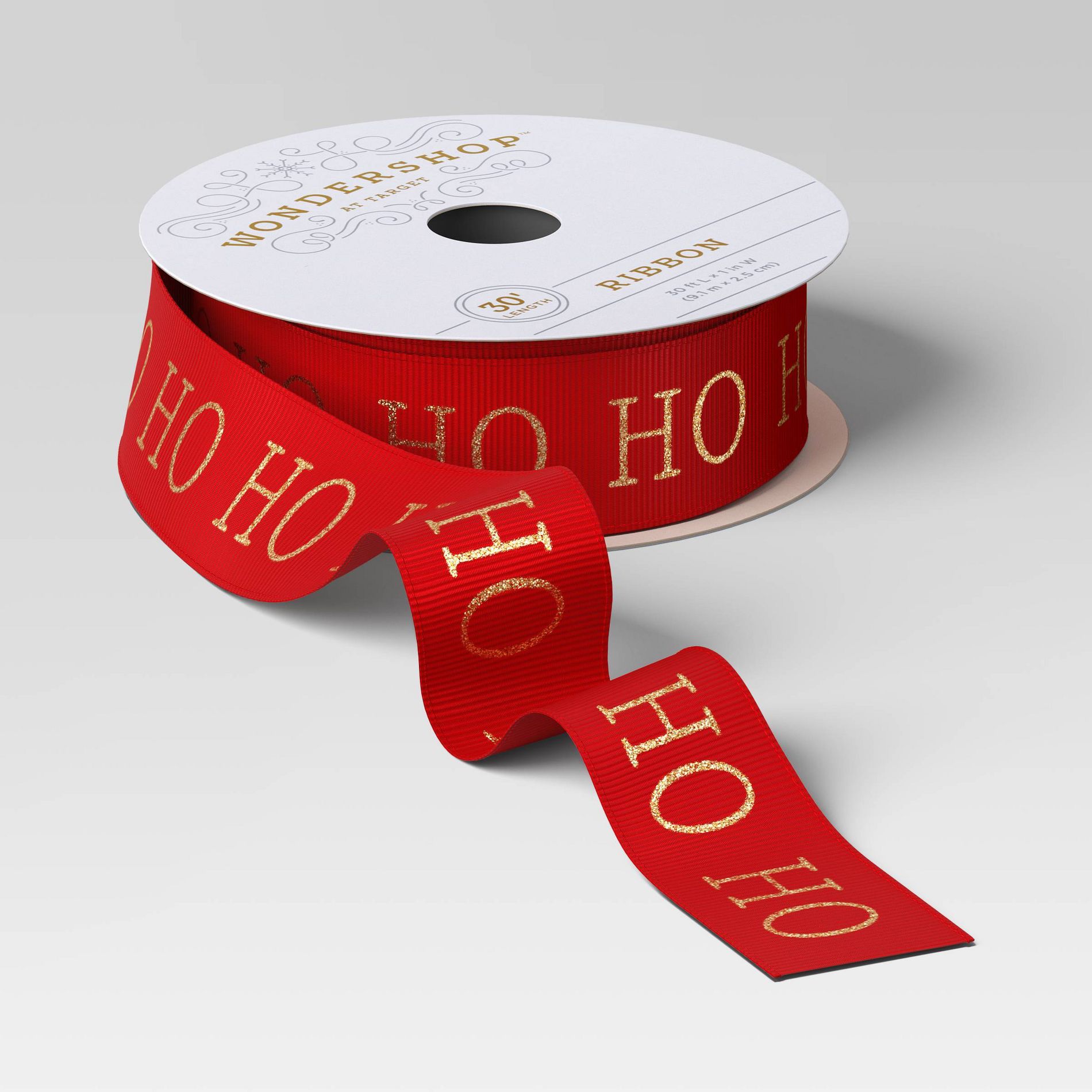 30' Christmas Fabric Ribbon Red Glitter Ho Ho Ho on Satin - Wondershop™