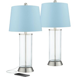 360 Lighting Watkin Modern Table Lamps 27 1/2" Tall Set of 2 Clear Glass Nickel with USB and AC Power Outlets in Base LED Blue Hardback Shade for Home - 1 of 4