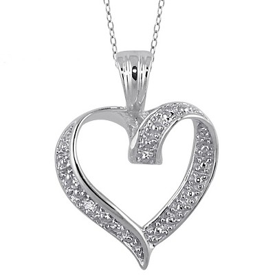 Women's Sterling Silver Round-Cut White Diamond Pave Set Heart Pendant (18")