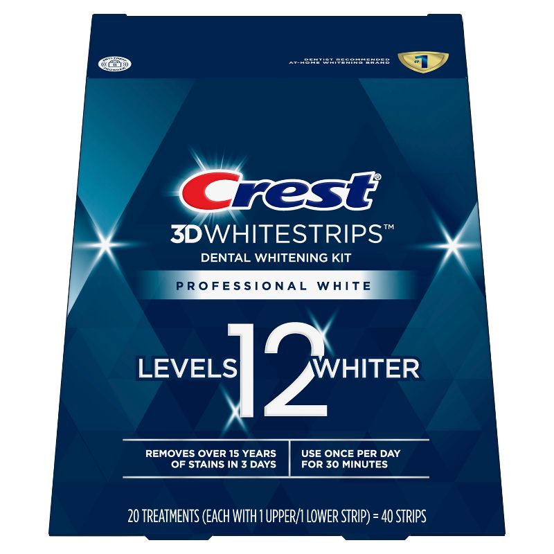 Crest 3D Whitestrips Professional White At Home Teeth Whitening Kit package. Includes 20 Treatments and 40 Strips. Whitens teeth 12 levels whiter.