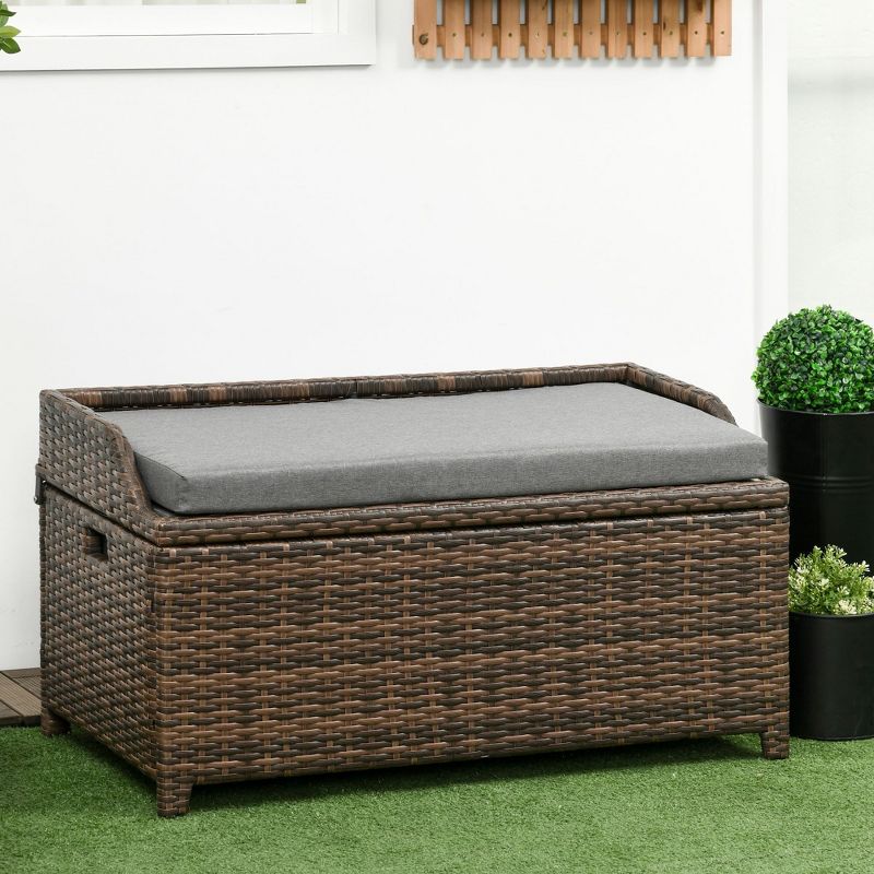 Outsunny Storage Bench Rattan Wicker Garden Deck Box Bin with Interior Waterproof Bag and Comfy Cushion, Gray, 3 of 8