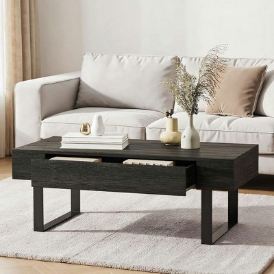 Resenkos Mid-century Modern Coffee Table with Storage Drawer, Metal Sled Designed Legs and Wood Grain Surface, P2 Grade Particle Board, Dark Grey Gray