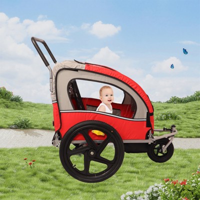 2-in-1 Bike Trailer, Double Seat Behind Bike Trailer Kids Jogger, Universal Bicycle Coupler Foldable Front Wheel with Pivot for 1 Or 2 Toddlers, Kids