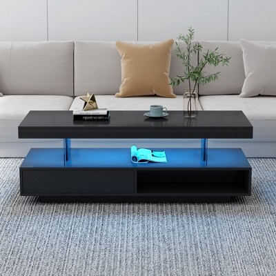 Modern Coffee Table With LED Light Rectangular Center Table With 2 Drawers Display Shelves