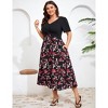 Women's Casual Plus Size Dresses V Neck Short Sleeve Floral A-Line Swing Midi Summer Dress - 3 of 4