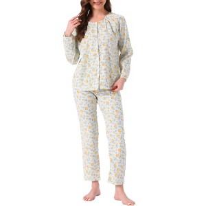 INSPIRE CHIC Women's Cotton Pajamas Long Sleeve Round Neck Button Down Floral Set with Pocket - 1 of 4