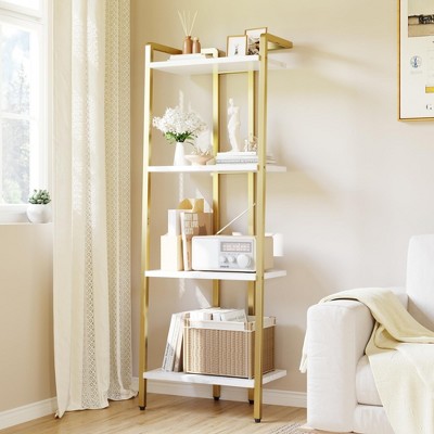 4 Tier Ladder Shelf, Free Standing Gold Book Shelf, Flower Stand Plant Rack, Storage Organizer Unit, Home Office, Balcony, Kitchen, Bathroom
