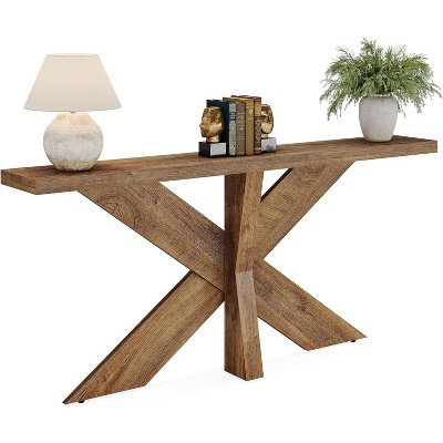 Gulches Farmhouse Console Table, Geometric Wooden Base, Oak Brown, 70.9", Sofa/Entryway Table