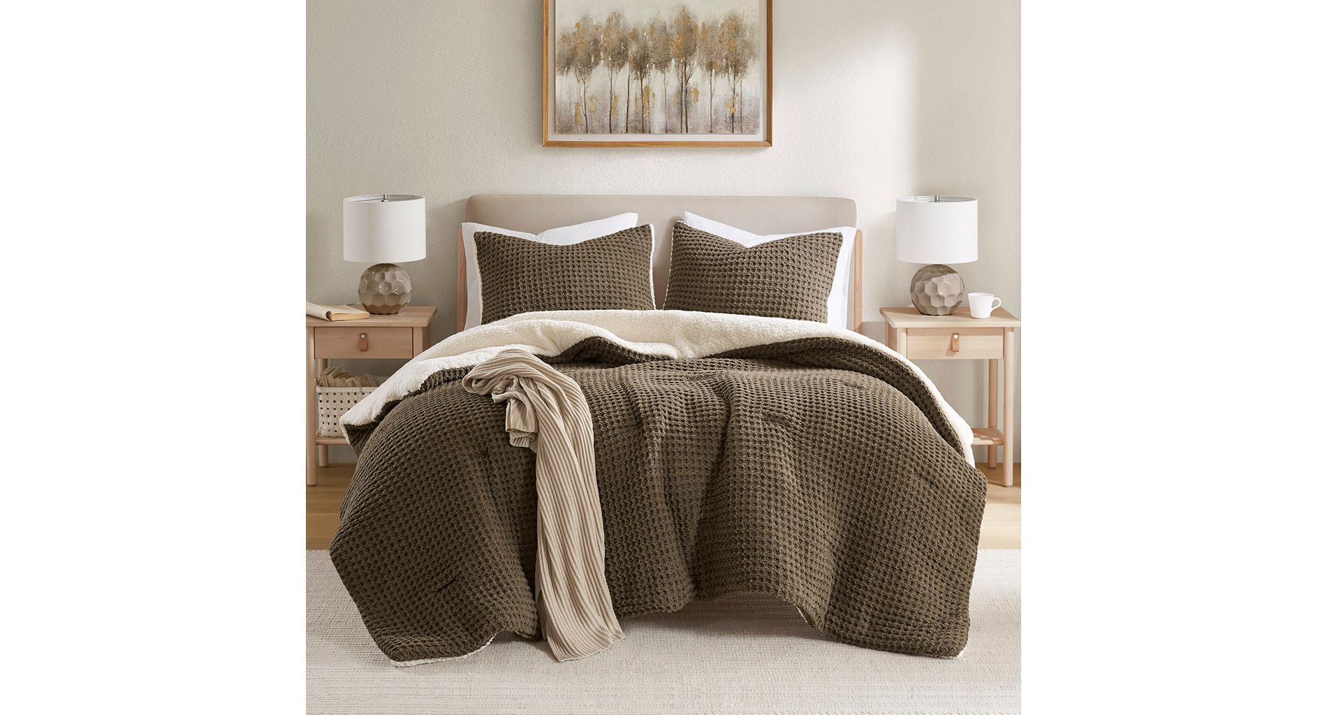 3Pcs Waffle Knit Comforter Set, Ultra Soft & Warmth Chenille Breathable Material Filling Bedding Set for Winter